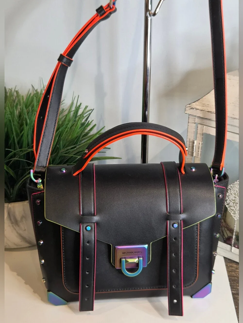 Michael Kors Manhattan Medium Black Leather Satchel Neon Oil Slick